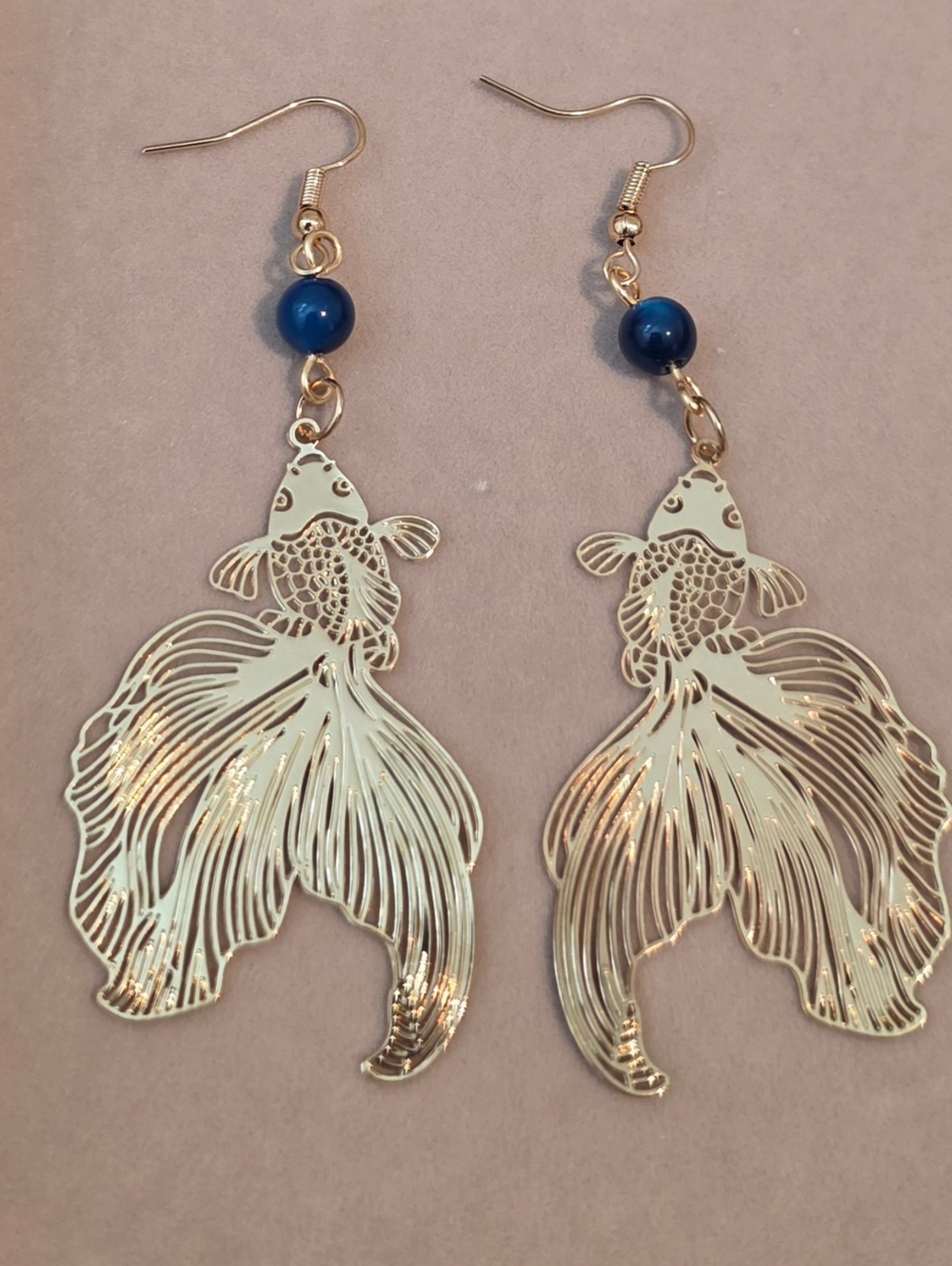 Gold Tone Koi Fish Drop Earrings with Blue Agate Bead (Handmade)